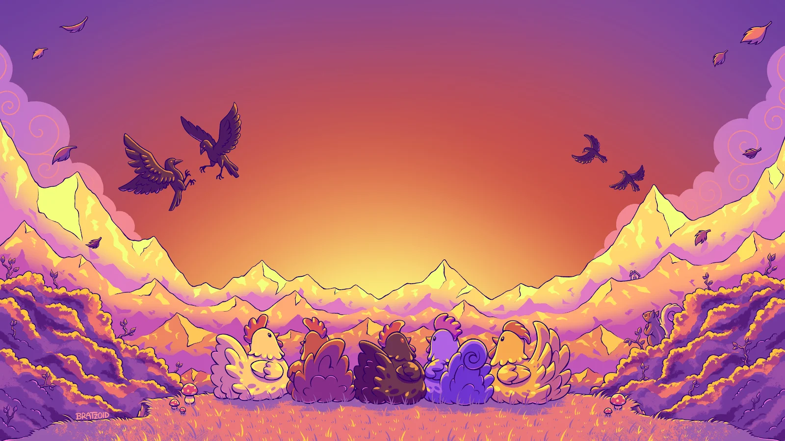 Cartoon, Sunset, Chickens, Mountains 4K Wallpaper Background (4869x2739)