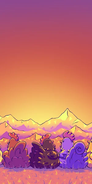 Cartoon, Sunset, Chickens, Mountains 4K Wallpaper Background