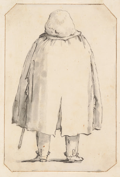 Caricature of a Man in a Voluminous Cloak Carrying a Walking Stick Seen from Beh