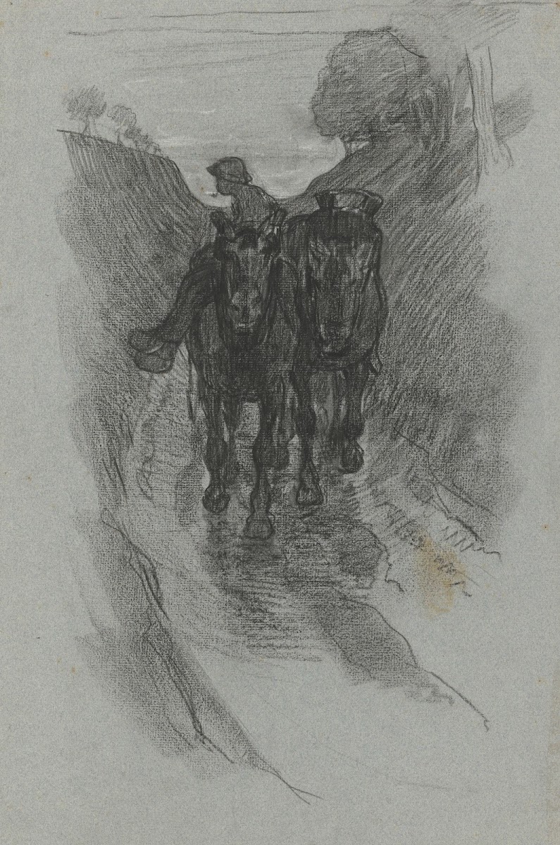 Holle weg waarop paardespan met een berijder 19th century