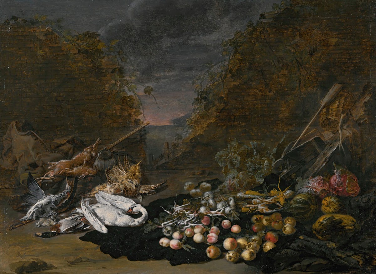 A still lifeof a swan and other birds with rabbitsfruit and vegetables and a lan