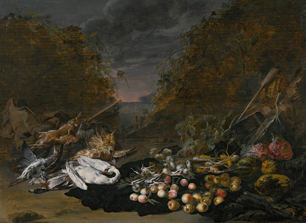 A still lifeof a swan and other birds with rabbitsfruit and vegetables and a lan