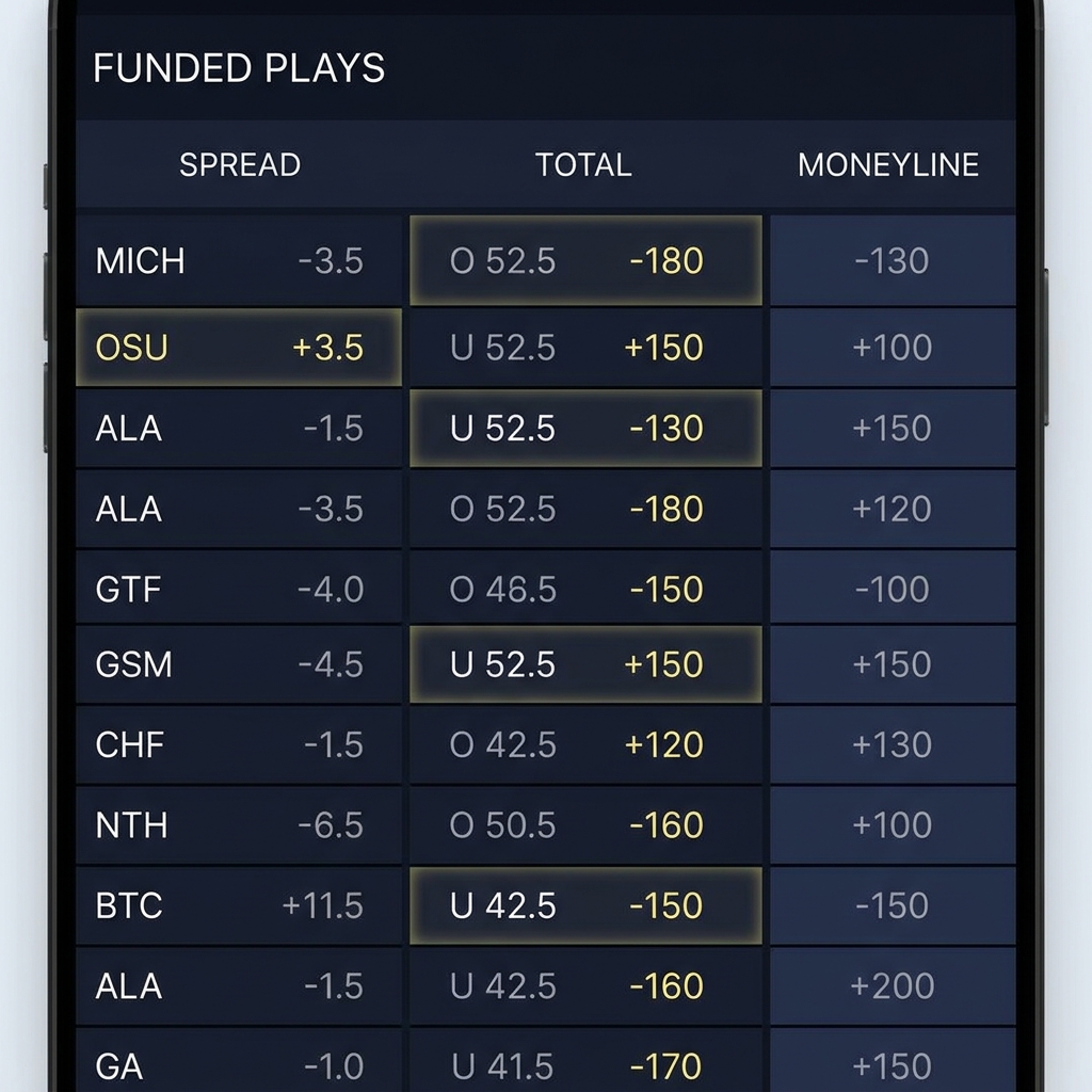 Full frame close up of a digital college football betting board showing spreads totals and moneylines in Funded Plays brand colors with minimalist layout ou betting line