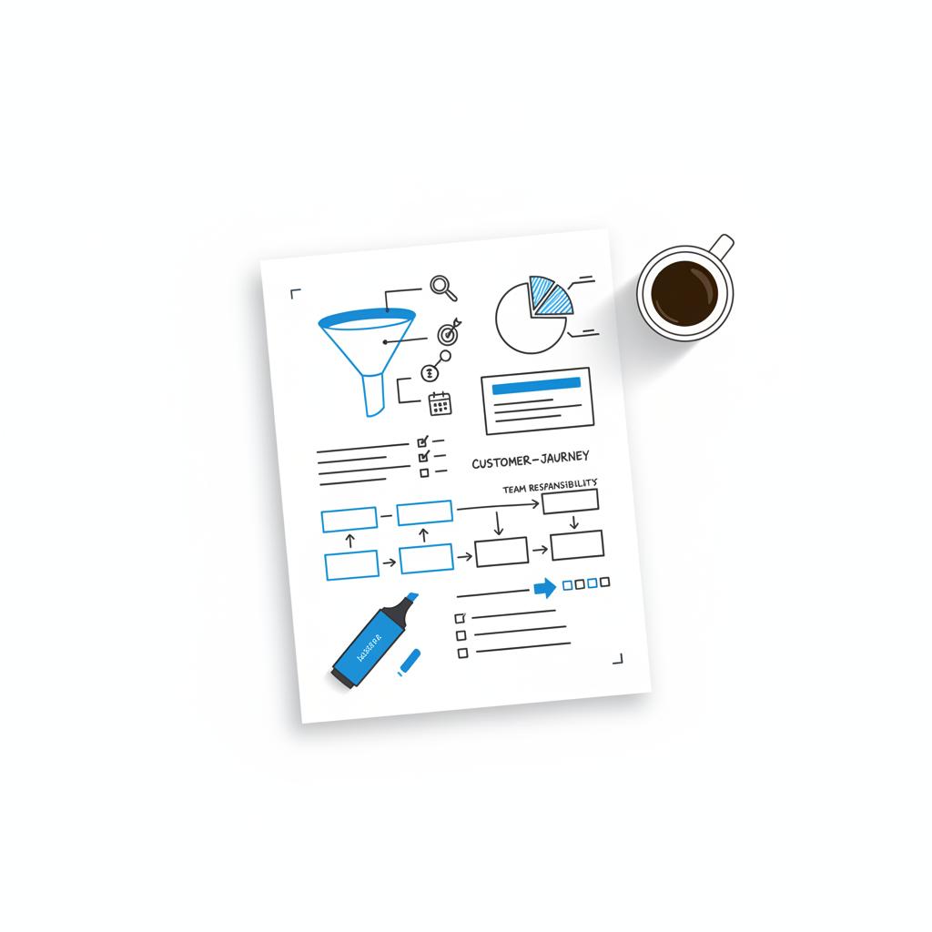 Minimalist 2D vector flat lay of a tidy worksheet with funnel, pie charts and channel icons for SEO, paid, referrals and events, blue highlighter and coffee &mdash; lead generation