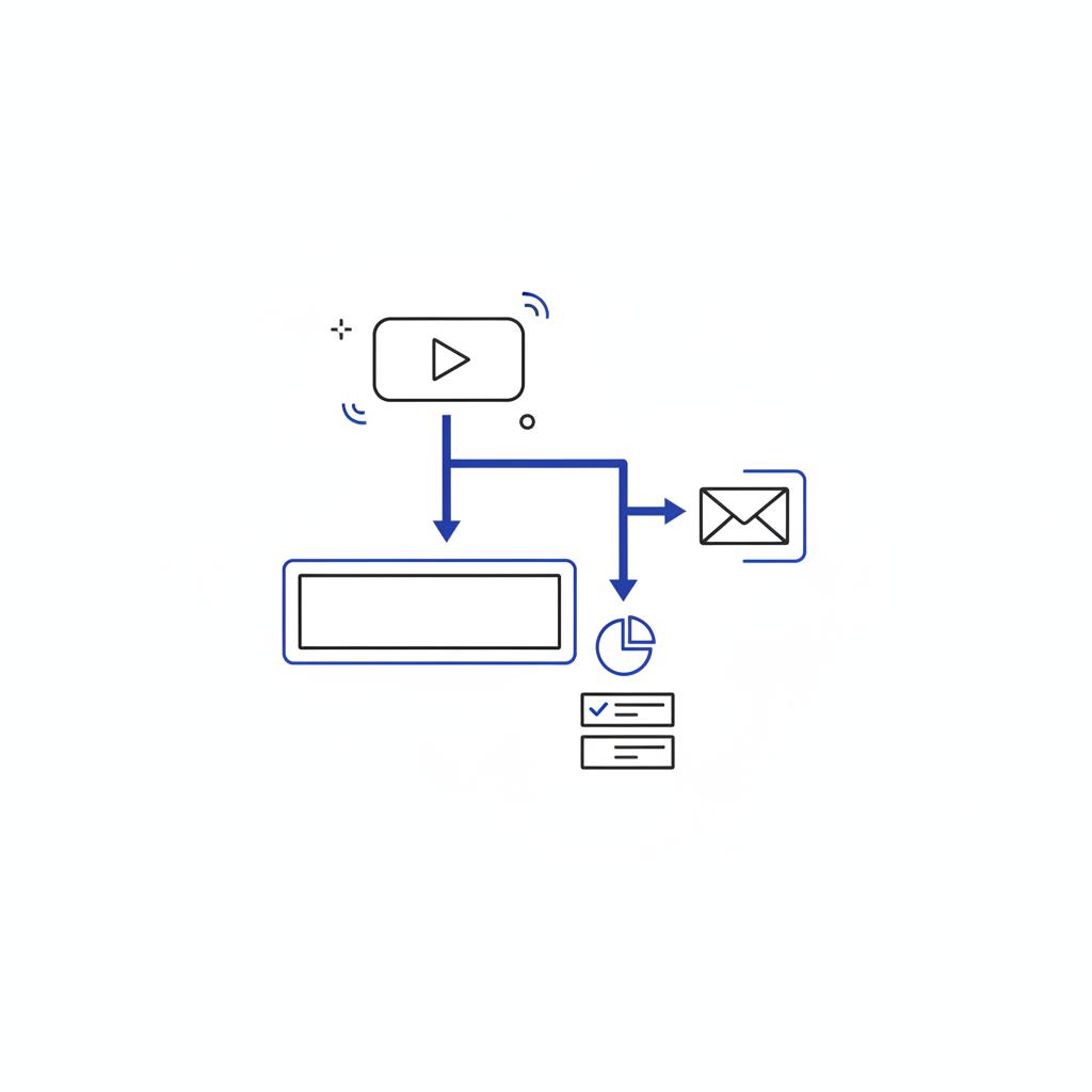 Minimalist vector sketch showing a short-form content flow of thumbnails, hooks, and CTA arrows guiding a short video icon toward long-form content and signup &mdash; 70/20/10 rule for social media