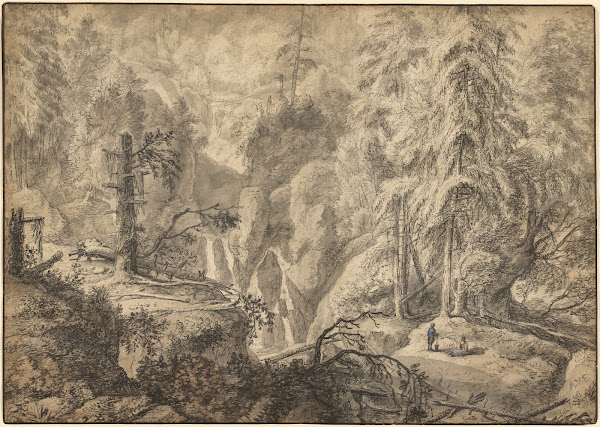 Mountain Landscape Peasants in a Clearing near a Waterfall early 1650s