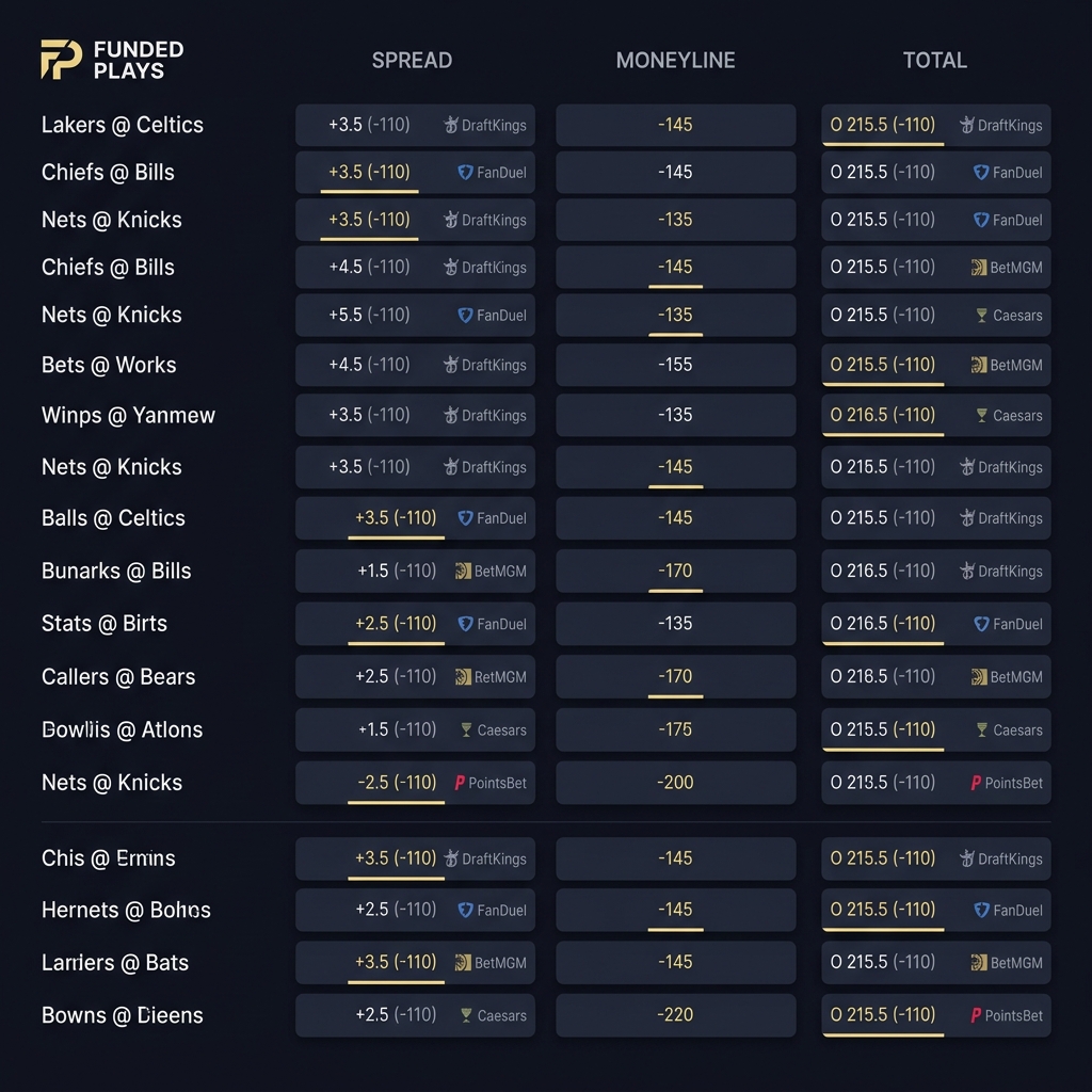 Screenshot style odds aggregator UI showing multiple sportsbook lines side by side labeled spread moneyline and total on dark Funded Plays background line on nfl tonight