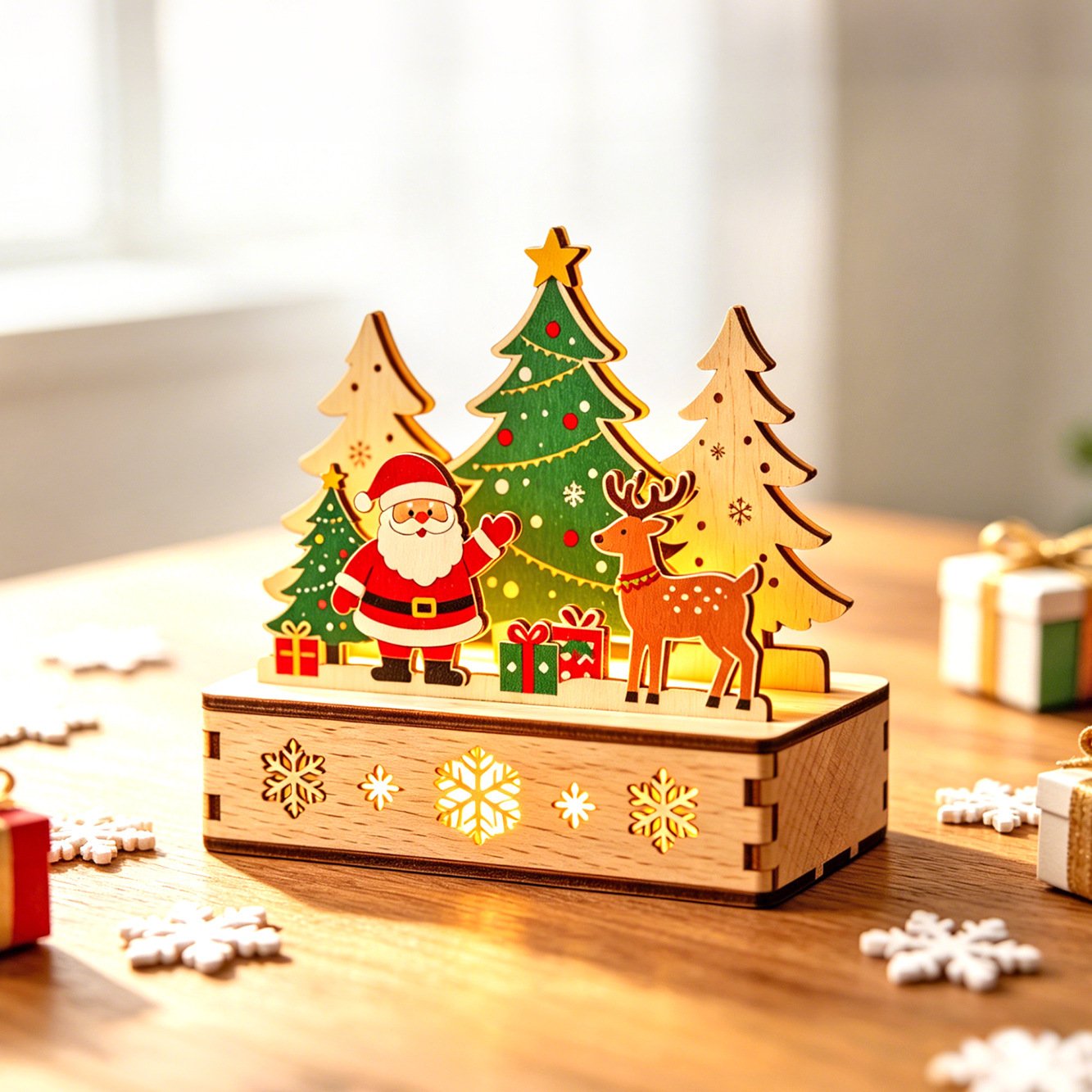 LED-lit wooden house, decorative table ornament