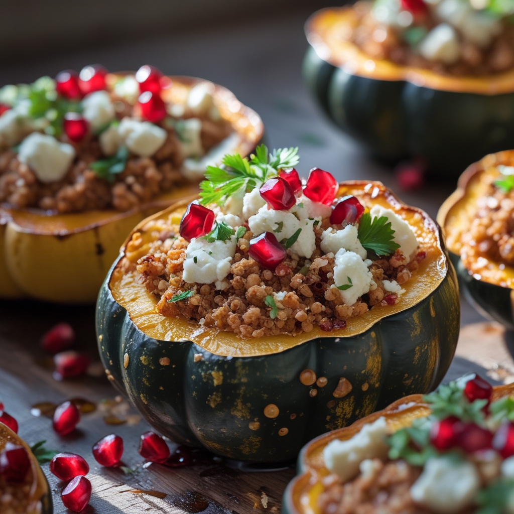 Harissa-Spiced Turkey Stuffed Acorn Squash with Pomegranate Yogurt