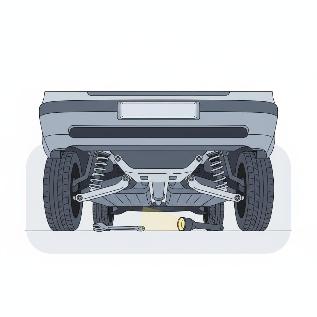Minimalist vector illustration of a parked used car underside inspection showing tires suspension and VIN plate with tools in a daylight garage Kia vs Toyota