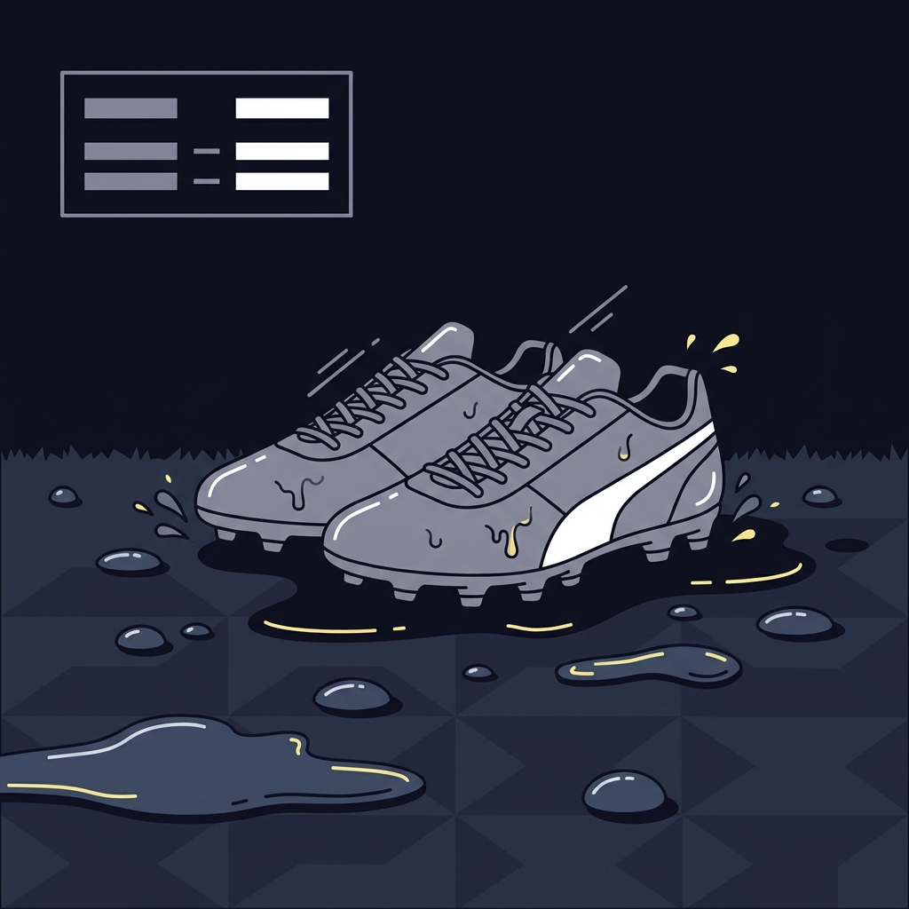 Minimalist 2D vector of a wet field with a scoreboard showing abstract bars and a pair of cleats highlighting traction issues How Weather Influences Individual Performance Markets