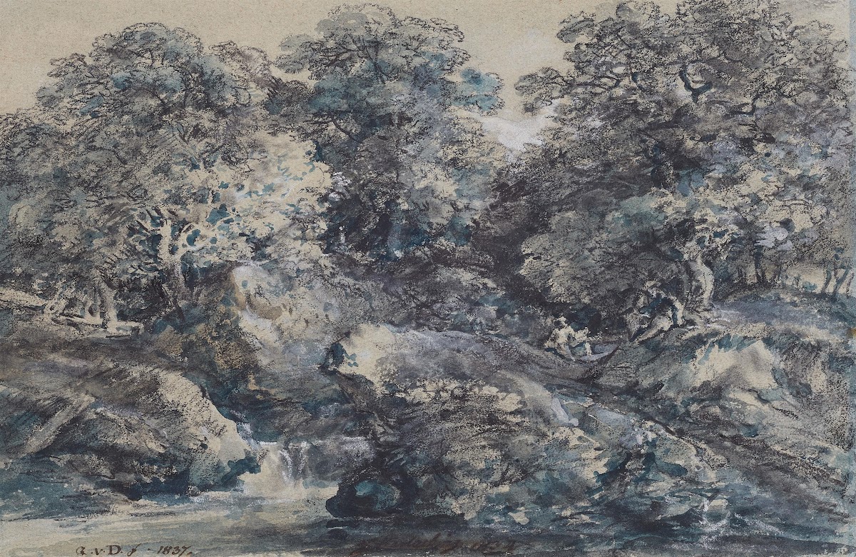 Bewaldete Landschaft mit Bach 1834