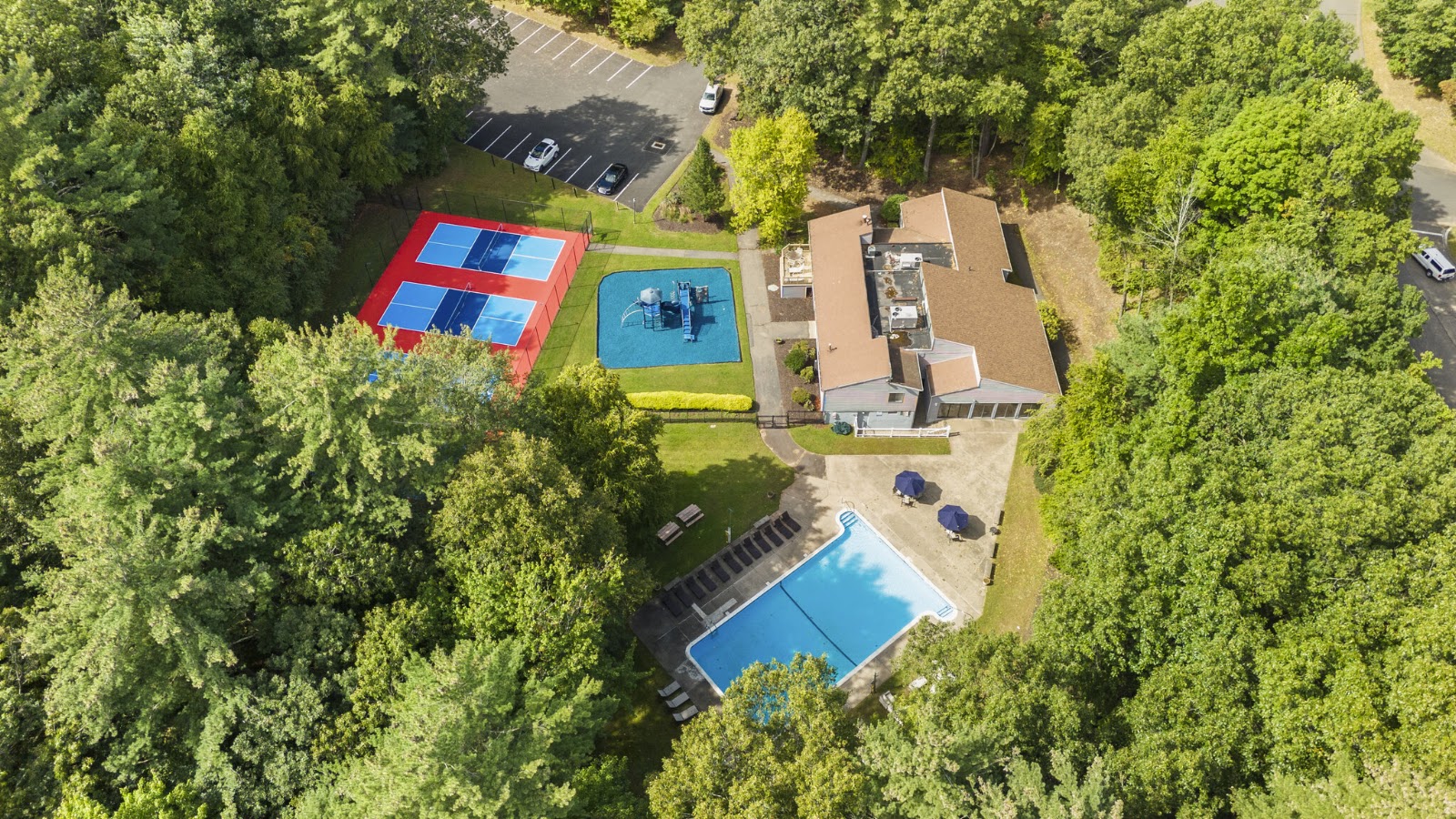 Aerial view of the pool and courts