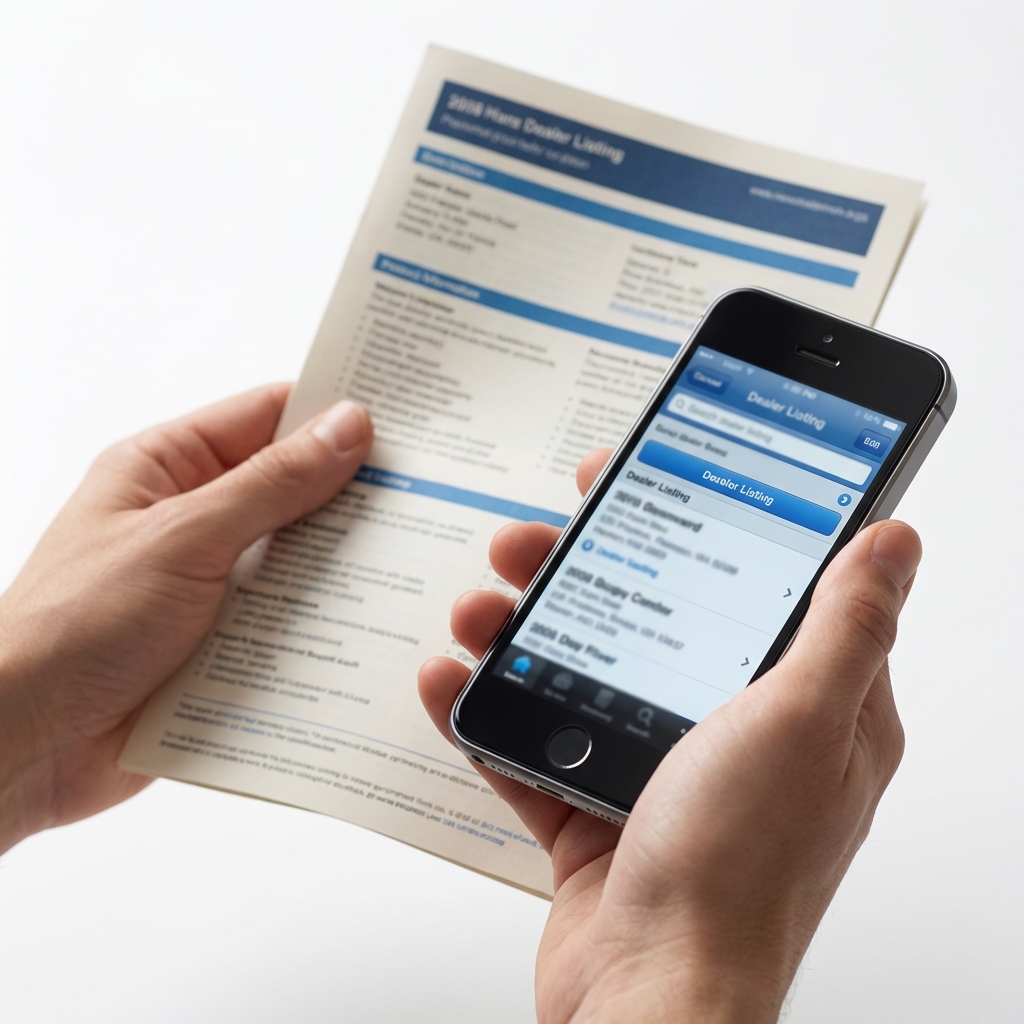 Hands holding a printed vehicle history report and a smartphone showing a dealer listing on a white background with blue CarFax Deals accents repossessed cars for sale