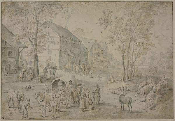Straße in einem Dorf mit vielen Figuren