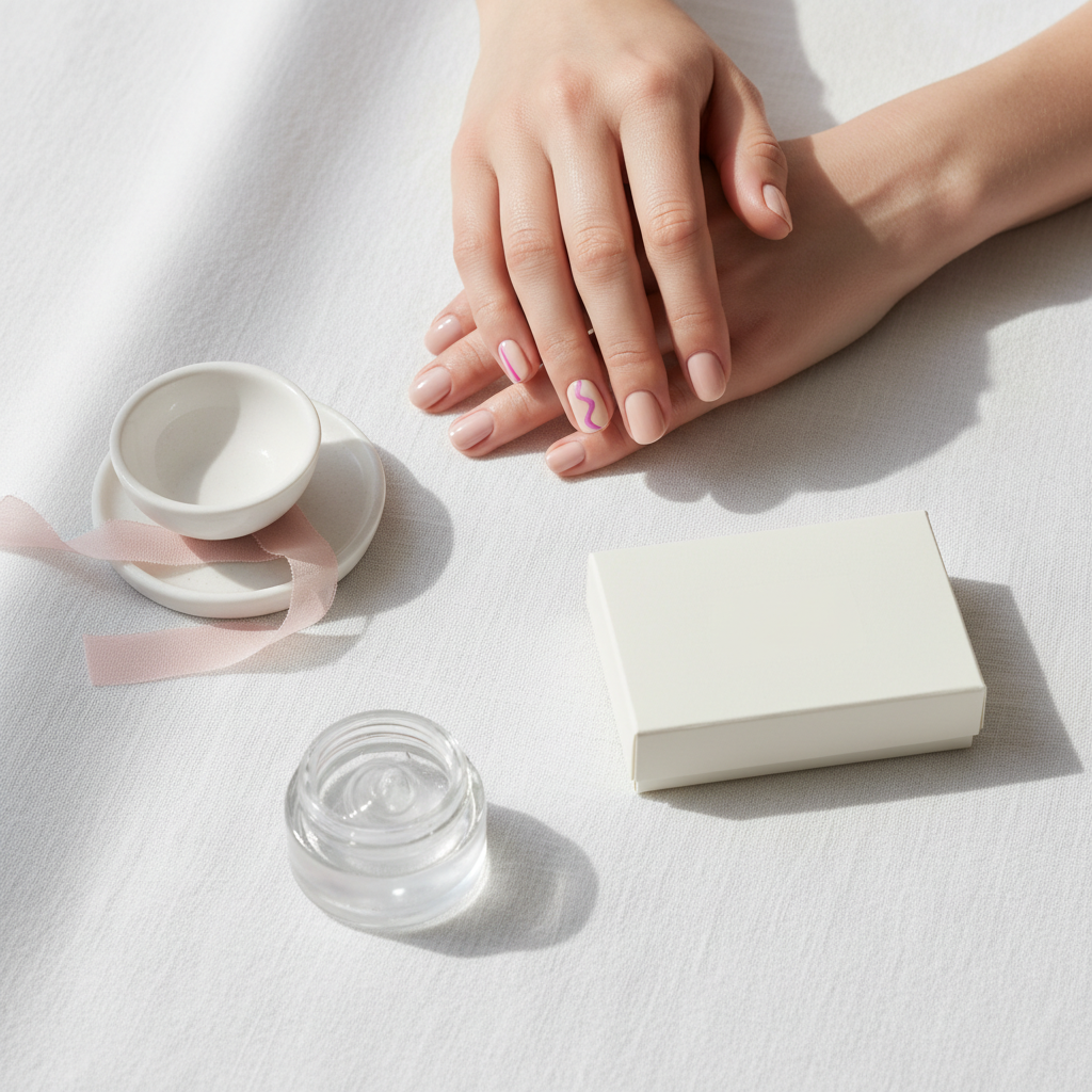 Nahaufnahme gepflegter Hände auf weißem Leinen neben unbedrucktem Kit und einem aufgesetzten Probenagel in Pastellpink – Motiv zu Nägelkauen bei Stress