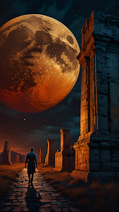 Figure Walking Through Ruins Under Giant Orange Moon