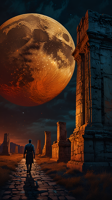 Figure Walking Through Ruins Under Giant Orange Moon - Free mobile Wallpaper