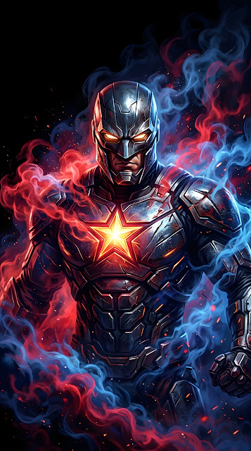 Dramatic Portrait of Captain America Emerging from Red and Blue Smoke - Free mobile Wallpaper
