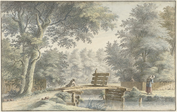 Landschap met een brug waarop een hengelaar 1763