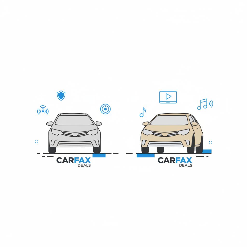 Minimalist 2D vector side by side comparison of 2016 and 2021 toyota corolla for sale neutral color cars with blue icons showing safety and infotainment differences