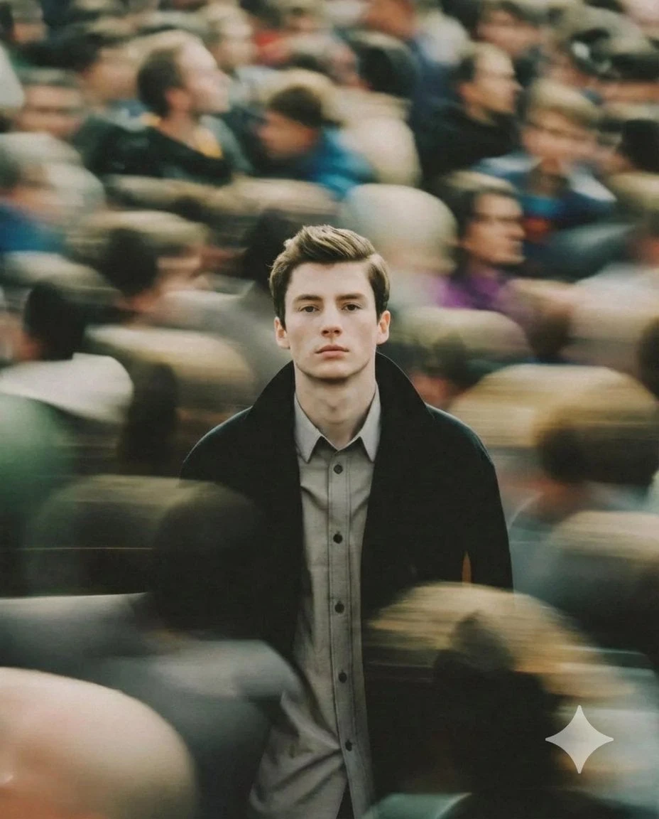 Un retrato cinematográfico de un joven inmóvil en medio de una multitud bulliciosa, con un enfoque nítido en el sujeto...