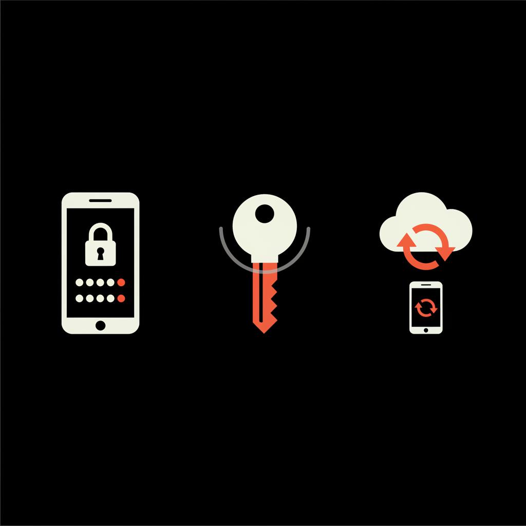 Minimal vector infographic showing a smartphone with password dots, a key icon and a cloud sync mobile-OS badge — find gmail password without resetting
