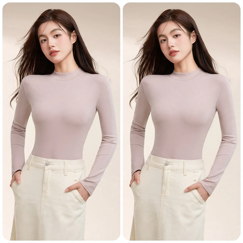 Women's long sleeve cotton shirt, stand-up collar, fitted