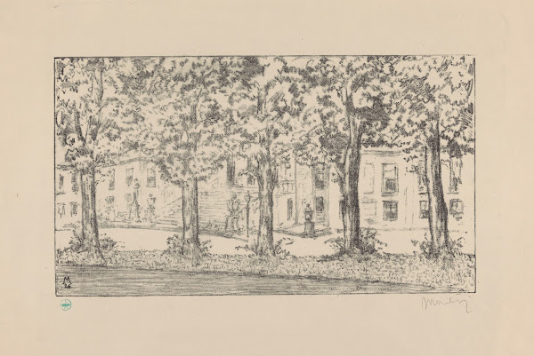 Gezicht op het bordes van Paleis Huis ten Bosch tussen een rij bomen Huis ten Bo