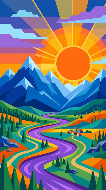 Abstract Landscape Illustration of Geometric Mountains and a Sinking Sun - Free mobile Wallpaper