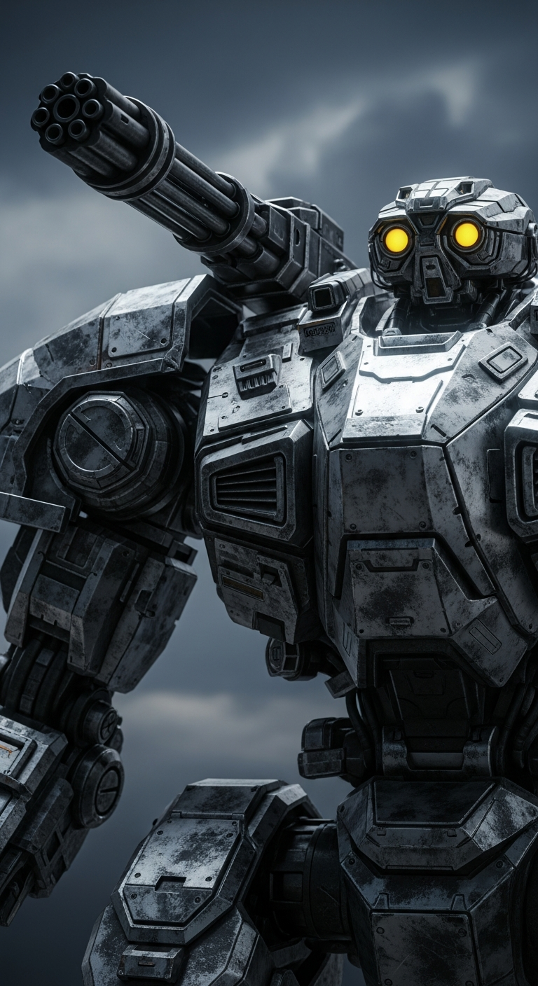 Hyper-Detailed 3D Render of a Gritty Combat Robot with Shoulder-Mounted Weapon - Free 4K mobile Wallpaper