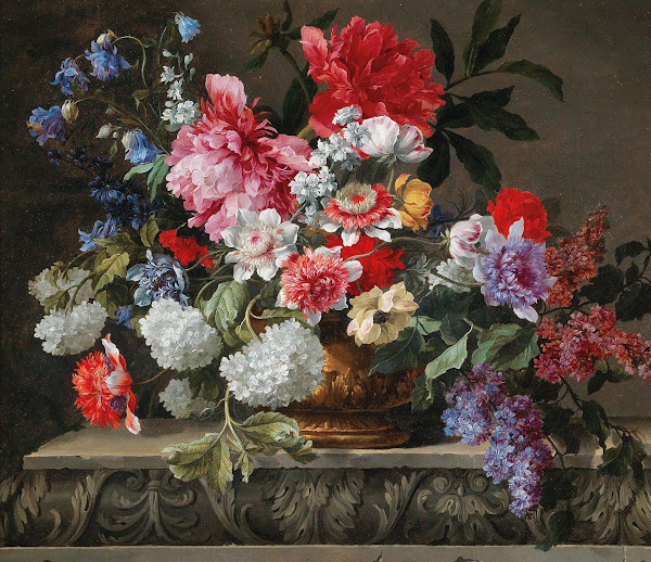 A still life with roses tulips anemones sprigs of lilac viburnums and shrubs