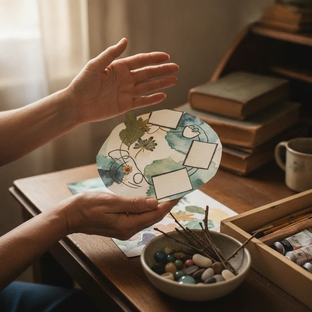 Art therapy benefits for seniors explained with visual memory cues created through collage and symbolic artwork