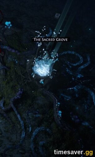 The portal to The Sacred Grove in Path of Exile Harvest, glowing blue with the area name displayed