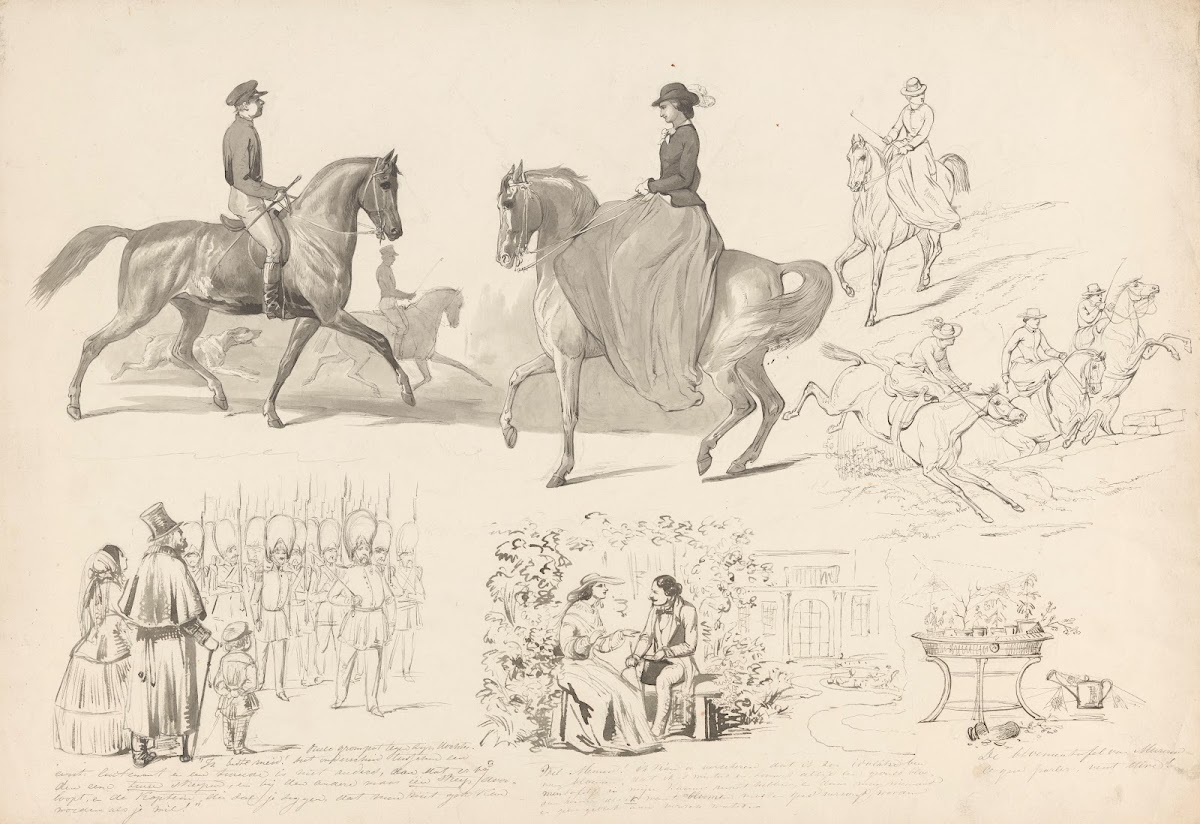 Schetsblad met diverse studies onder andere van paardensport 1848   1927