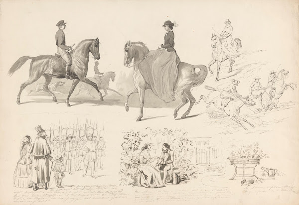 Schetsblad met diverse studies onder andere van paardensport 1848   1927