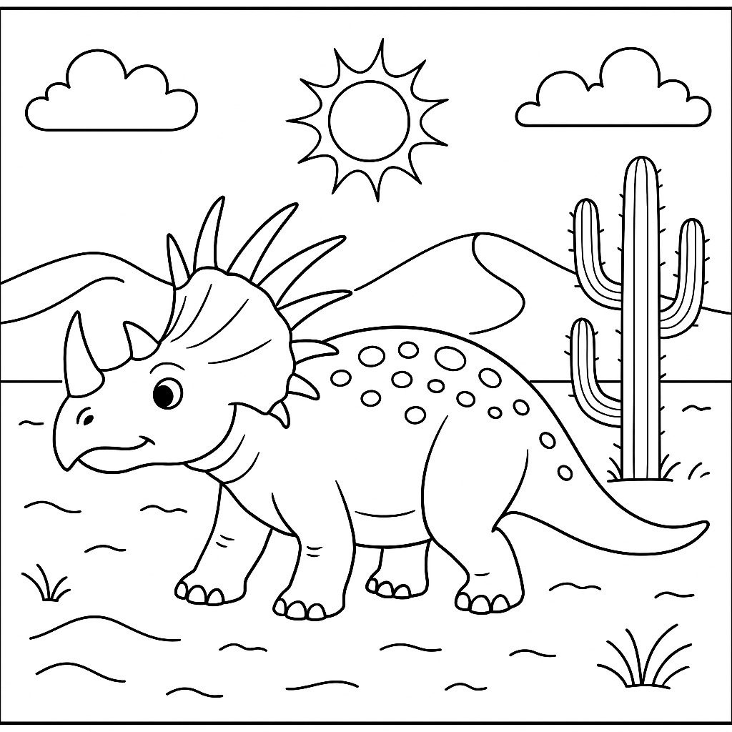Explore the Wild with a Simple Styracosaurus in the Desert Coloring Page for Kids – free coloring page for kids