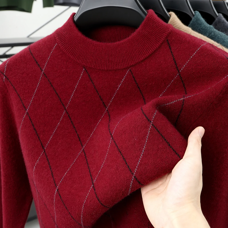 Men's Wool Sweater, Plaid, Standing Collar, Extra Warm