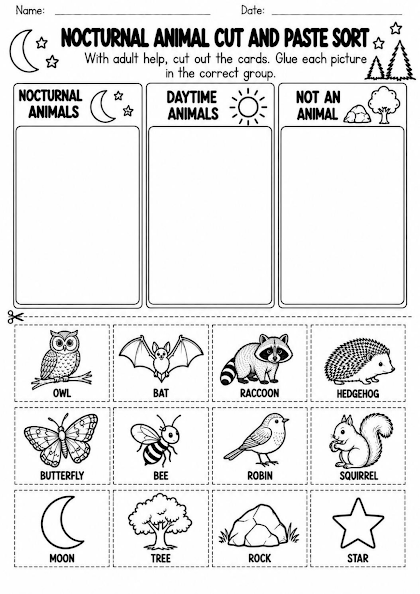 Nocturnal Animal Cut and Paste Sort Worksheet