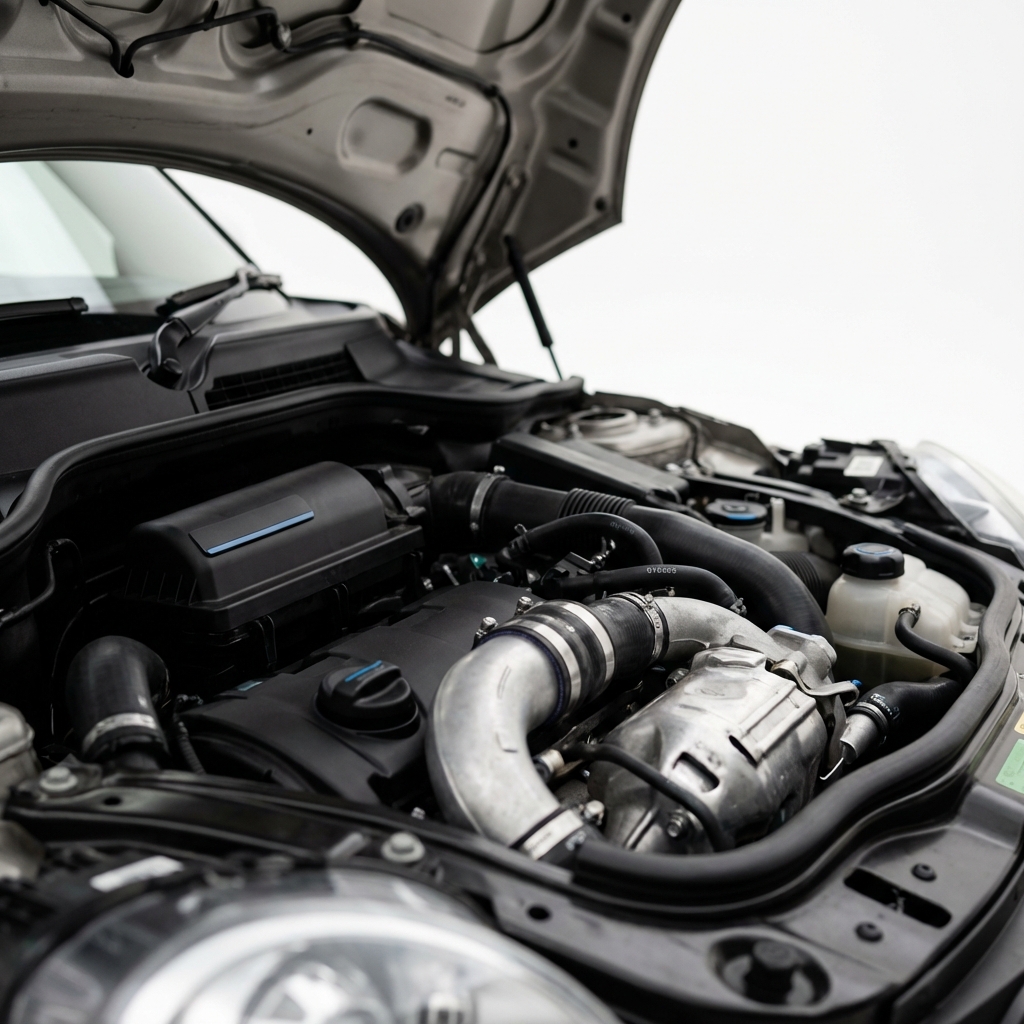 Close up of Mini Cooper engine bay showing turbocharger area and hood propped open lit by soft directional light minimalist white background mini cooper for sale