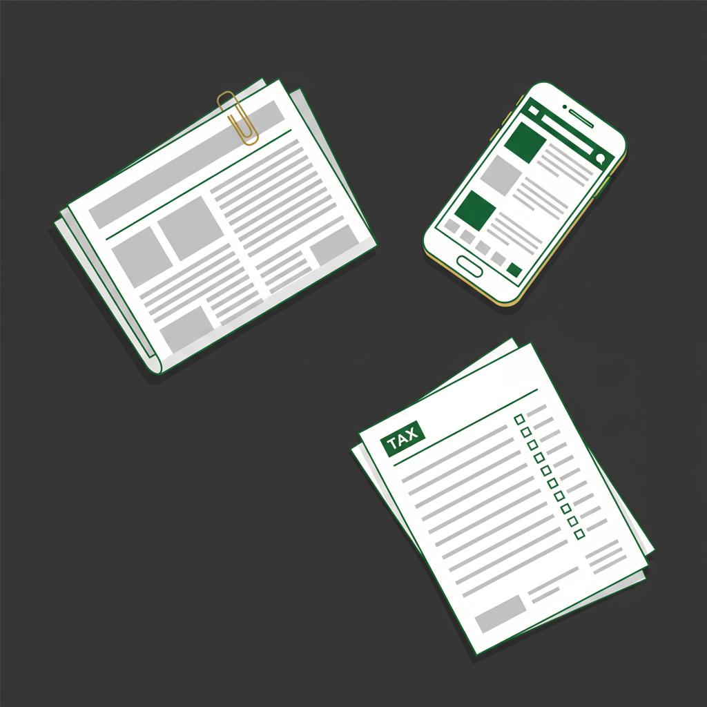 Minimalist 2D vector desk scene with a legacy newspaper, tax form, and smartphone news layout for cryptocurrency investors on a dark charcoal background