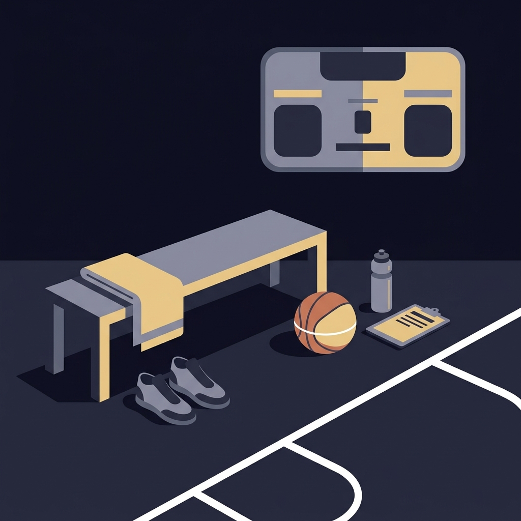 Minimalist 2D vector sideline scene with empty bench basketball towel sneakers in Funded Plays colors for a bulls hornets prediction article