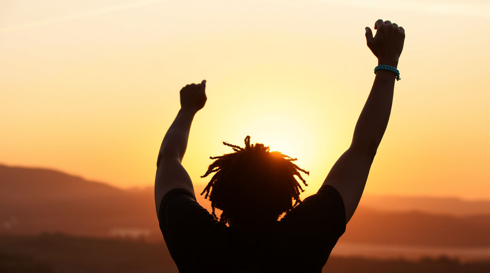 A person with a determined expression, raising arms in victory after completing a workout, symbolizing motivation and overcoming challenges.