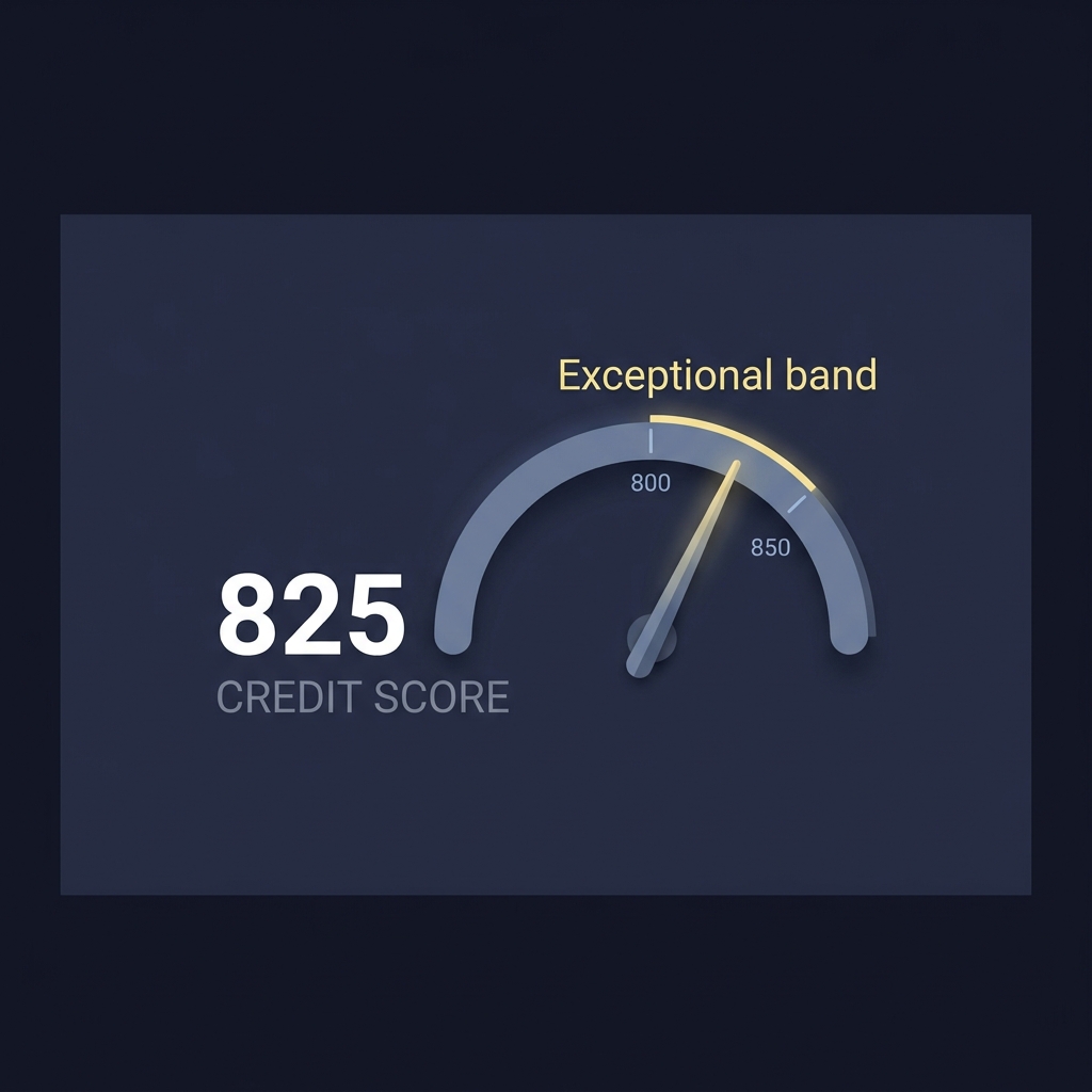 Minimalist full frame credit score gauge highlighting 800 to 850 exceptional band with needle and small label in corporate blue palette american express odds