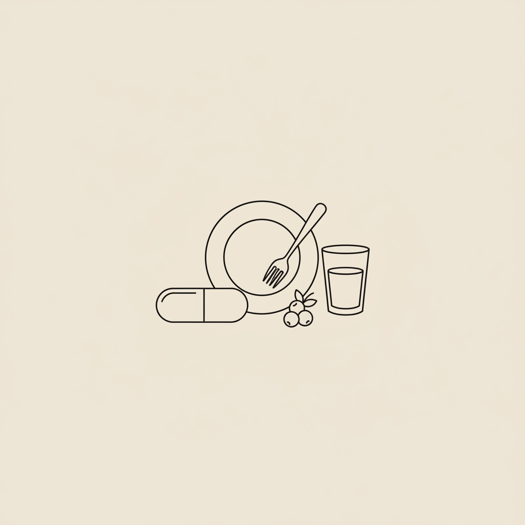 Minimalist Tonum-style line illustration of a CLA capsule beside a simple plate with fork, a small water glass and a berry icon on a beige background #F2E5D5.