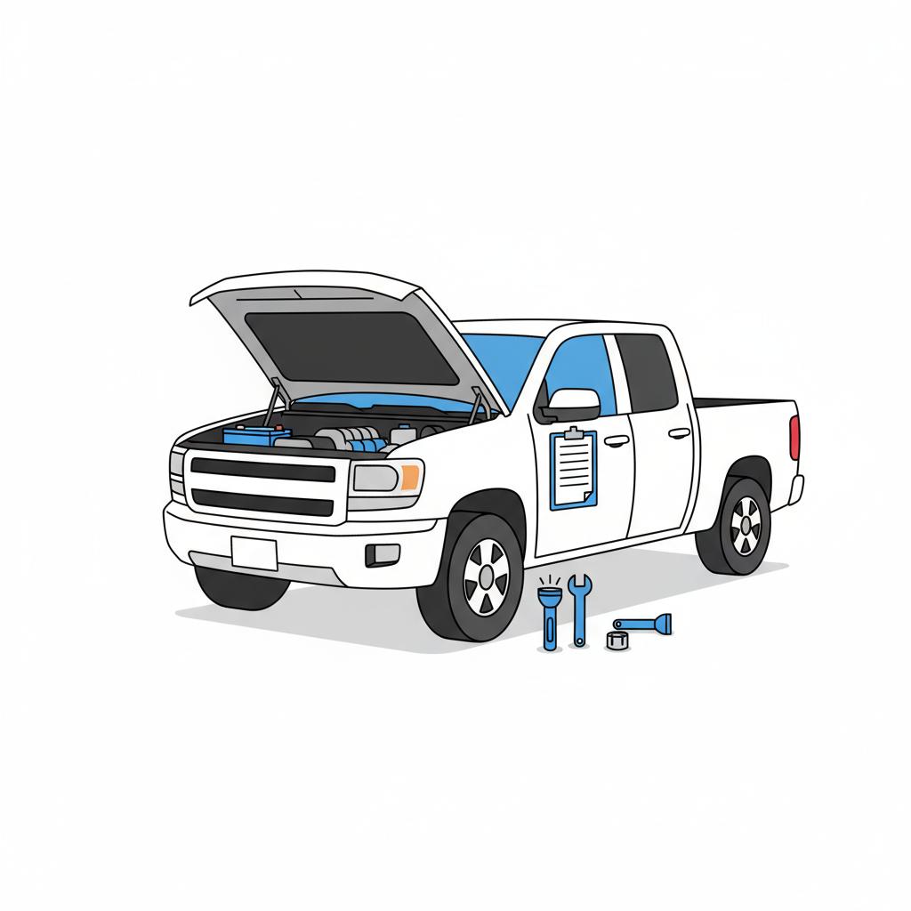 Minimal vector illustration of a pickup engine bay with a blank paper checklist on the fender and blue handled tools nearby representing ford mavericks for sale