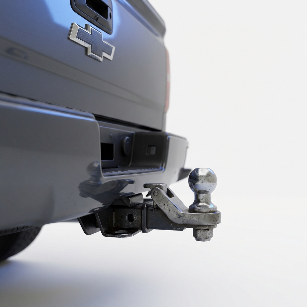Which Chevrolet car holds its value best close up of a Chevrolet Silverado tailgate and tow hitch on white background with subtle blue accents
