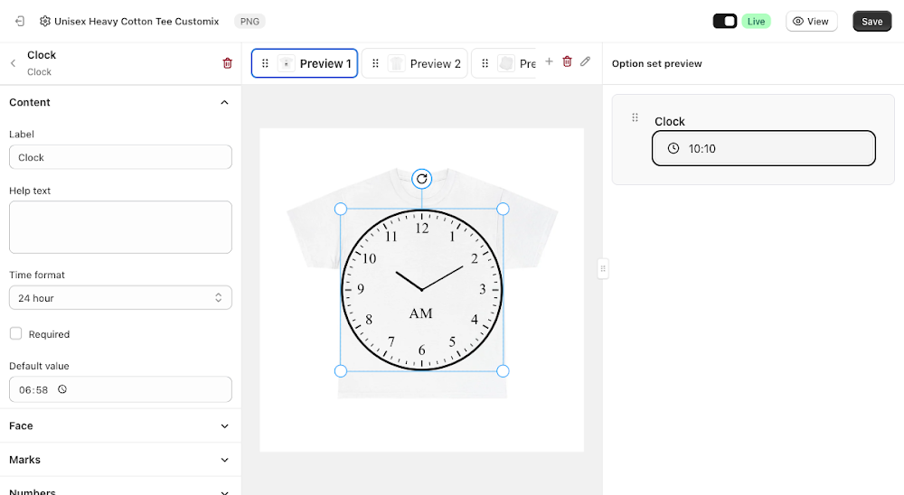 Option set preview with the time picker set to 10:10, canvas showing the clock hands redrawn to 10:10 and the face reading AM