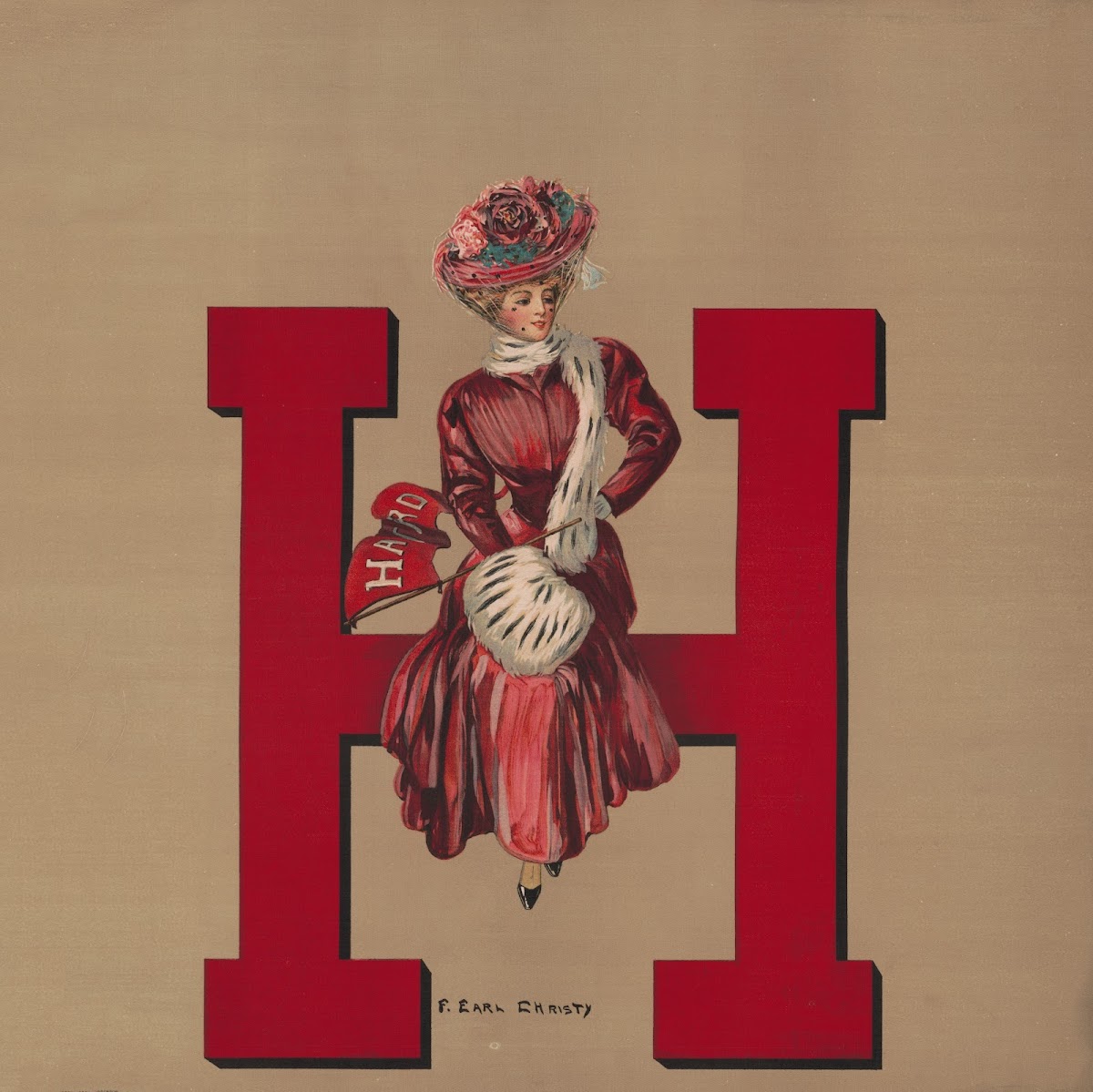 Woman sitting on giant H 1907