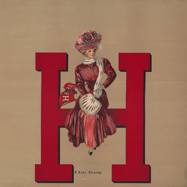 Woman sitting on giant H 1907
